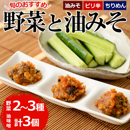 野菜と油みそのセット(旬の野菜2〜3種×油みそ3種(ちりめん・油みそ・ピリ辛)各1個)野菜 調味料 味噌 おつまみ トッピング 冷蔵[G-7][旬鮮かどがわ直売センター]
