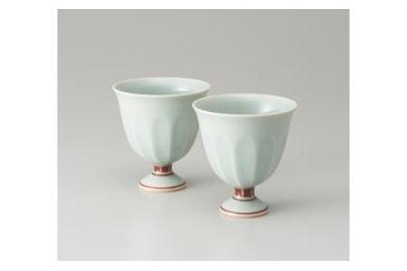 【丹波青磁篠山藩窯 王地山焼】 青白磁赤絵馬上杯セット (2枚セット） 王地山焼 J017