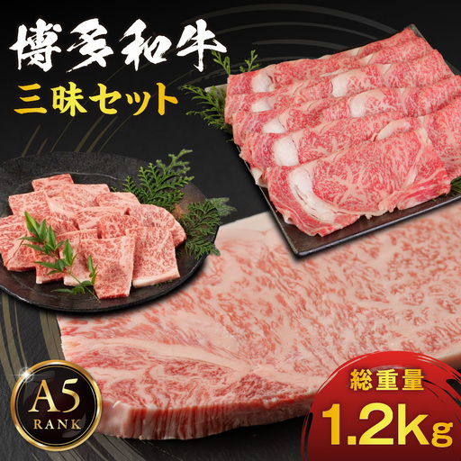 [A5ランク]博多和牛満喫3種セット(サーロインステーキ/しゃぶしゃぶ・すき焼き/焼肉) 総重量1.2kg [伊豆丸商店]