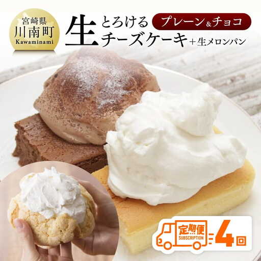 [定期便4回コース]とろける生チーズケーキ(プレーン・チョコ)+メロンパン[スイーツ ケーキ チーズケーキ プレーン チョコ 洋菓子ケーキ スプーンでケーキ おまけつきケーキ 全4回]