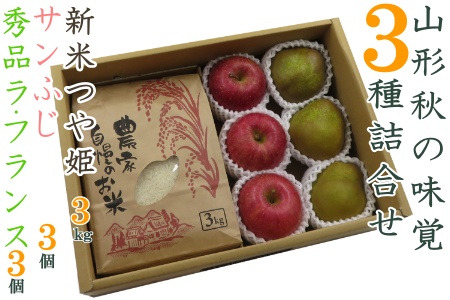 【2026年発送】山形秋の味覚3種詰合せ（新米つや姫3kg＆ラフランス・サンふじ各3個）_H125(R8)