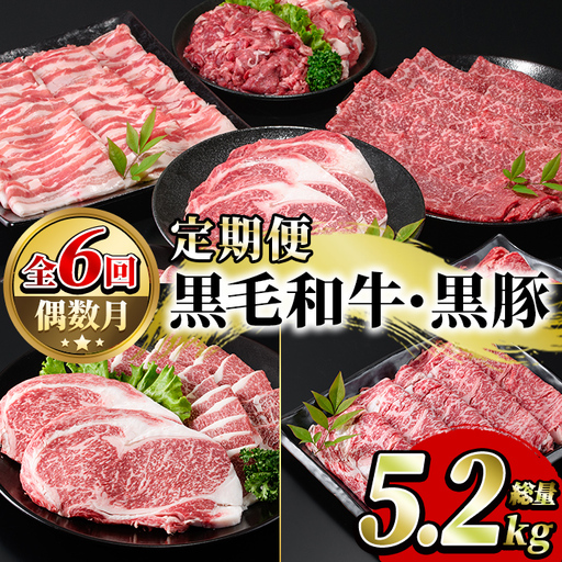 ＜定期便・全6回(偶数月)＞鹿児島県産黒毛和牛・黒豚定期便(総量約5.2kg)国産 九州産 鹿児島産 牛肉 国産牛 豚肉 サーロイン ステーキ 切り落とし 切落し カルビ 焼肉 焼き肉 焼肉セット 黒豚 バラ肉 すき焼き しゃぶしゃぶ 頒布会【スターゼン】akn042-28