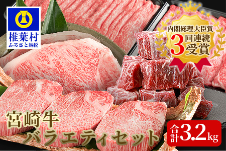 受賞歴多数!! ≪宮崎牛≫ お楽しみバラエティセット[合計3.2kg][ステーキ・焼肉・すき焼き・しゃぶしゃぶ ] 牛肉 和牛 肉 ロース ヒレ 肩ロース モモ うで ばら スネ