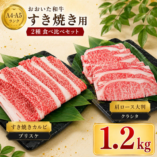 すき焼き 黒毛和牛 おおいた和牛 ブリスケ 肩ロース 食べ比べ ／ おおいた和牛 すき焼き用2種セット 計1.2kg（クラシタロース・ブリスケスライス） ＜102-302＞