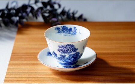 有田焼 手描き 山水絵 せん茶碗皿セット 小 [起山窯]食器 器 うつわ 茶器 煎茶碗 湯呑み 湯呑 茶托 小皿 菓子皿 食洗機対応