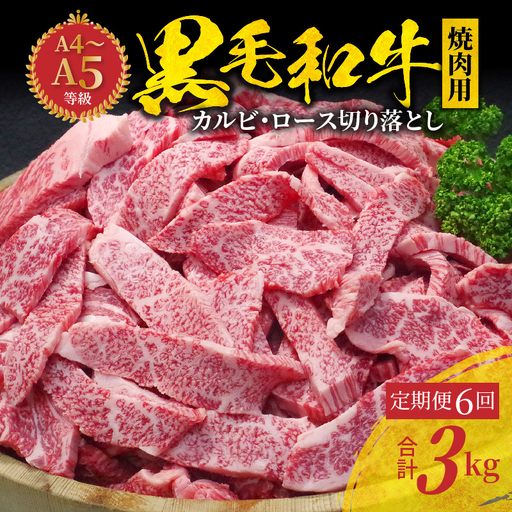 S001-026-T06A_【定期便6回】黒毛和牛 焼肉 カルビ ロース 切り落とし 500g A4～A5 6ヵ月連続お届け