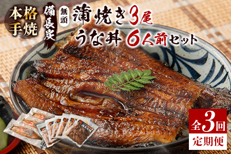 [4ヵ月に1回お届け]新仔!!味鰻の本格手焼備長炭蒲焼 3尾(無頭)・うな丼6人前セット×3回定期便[F102-2311]
