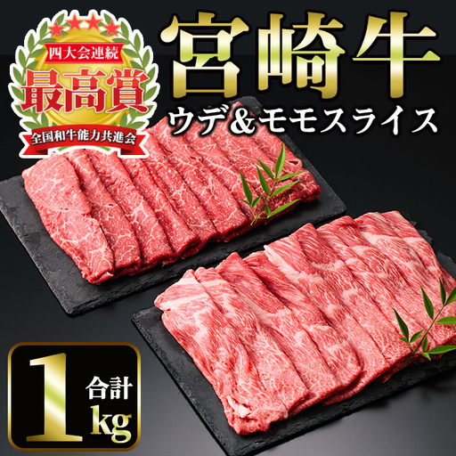 宮崎牛 スライス2種(モモ・ウデ)(合計1kg・各500g×2)国産 宮崎県産 宮崎牛 牛肉 すき焼き A4 和牛 モモ肉 ウデ肉【MI008】【(株)ミヤチク宮崎加工センター】