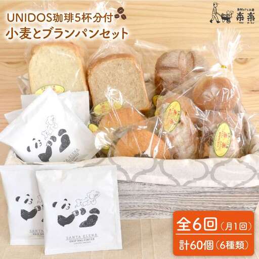 【 全6回 定期便 】栽培期間 農薬 科学肥料 不使用 小麦 と ブラン の パン セット & UNIDOS 珈琲 5杯分 ( 卵 / 乳製品 不使用 )《糸島》【天然パン工房楽楽】 【いとしまごころ】[AVC023]