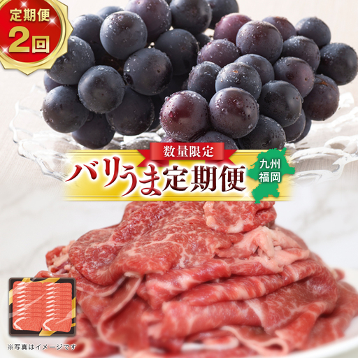 博多和牛と旬のフルーツが届く!九州福岡バリうま定期便[全2回]C [配送不可:北海道・沖縄・離島] フルーツ 定期便 博多和牛 牛肉 牛 切り落とし ぶどう 季節のフルーツ 果物 おすすめ セット 産地直送 福岡県 八女市