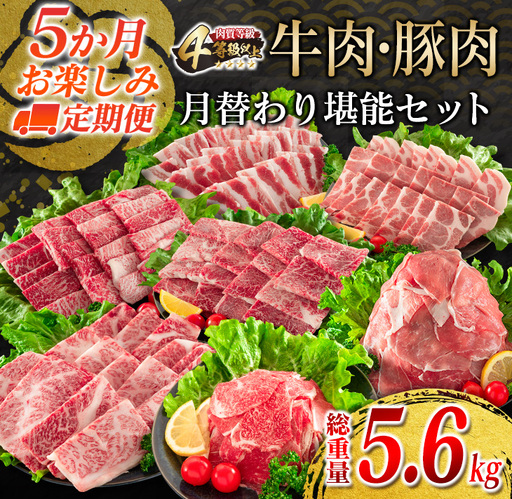 5か月定期便 月替わりで堪能!! 牛肉 豚肉 焼肉 セット 豚バラ 肩ロース モモ ウデ 総重量5.6kg_JE5-25