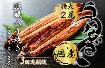 FK015_【3回定期便】九州産　うなぎ職人手焼き　蒲焼　国産　有頭鰻 1尾あたり約200ｇ×2尾（合計約400ｇ以上）たれ・山椒セット