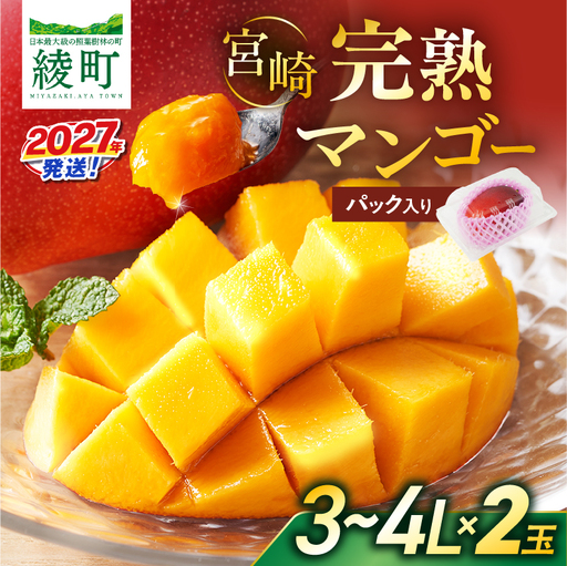 先行予約 数量限定 完熟マンゴー 3~4L×2玉（パック）マンゴー 宮崎 果物 フルーツ くだもの 2027年 国産 高級 マンゴージュース 南国フルーツ おすすめ デザート ギフト 贈り物 プレゼント 贈答 冷蔵 綾町 送料無料 【JA綾町】__A0114-2302