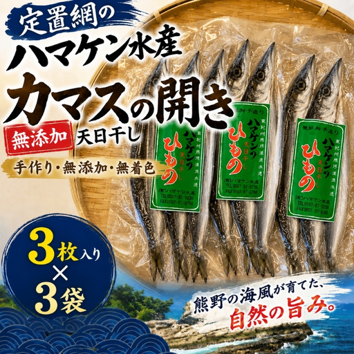 定置網のハマケン水産【カマスの開き9枚☆無添加】3枚入り×3袋【kmkn0217】