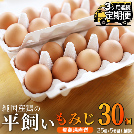 【卵 定期便3か月】純国産鶏「もみじ」平飼い卵 30個×３回  (AJ024) 