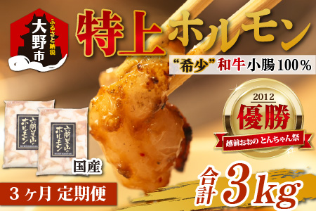 [3ヶ月定期便]とんちゃん祭2012年優勝商品!特上ホルモン(和牛小腸100%)1kg(500g×2袋)×3回 合計3kg[D-026001]