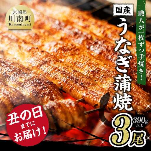 【丑の日までにお届け！】 ひむか 山道うなぎ 蒲焼3尾分 (390g以上) 【 国産 九州産 宮崎県産 うなぎ ウナギ 鰻 鰻の蒲焼き 蒲焼 】