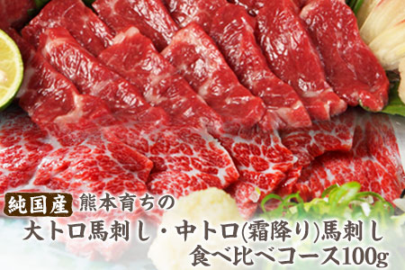 大トロ馬刺し・中トロ(霜降り)馬刺し食べ比べコース【純国産熊本肥育】大トロ馬刺し(50g)、中トロ(霜降り)馬刺し(50g)《30日以内に出荷予定(土日祝除く)》送料無料 ふるさと納税 美味しい馬刺し 熊本馬刺し くまもと馬刺し 特産馬刺し st-p