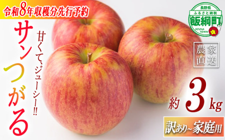 りんご サンつがる 家庭用・訳あり3kg 農家応援企画 [令和8年度収穫分] ※沖縄県への配送不可 ※2026年8月下旬頃から9月中旬頃まで順次発送予定 長野県飯綱町[0786]