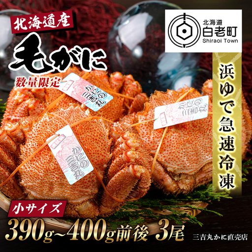 【小サイズ】北海道産 冷凍ボイル毛ガニ (390g-400g前後) 3尾 AS085