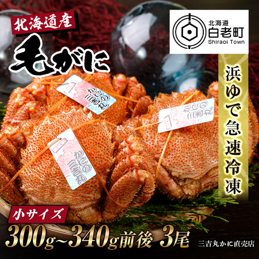 【小サイズ】北海道産 冷凍ボイル毛ガニ (300g-340g前後) 3尾 AS089