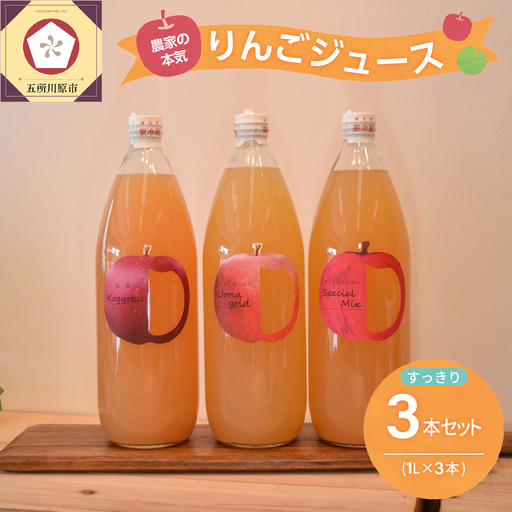 りんごジュース 1L×3本 青森りんご果汁100％ストレートすっきり飲み比べセット