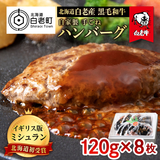 北海道 白老産 自家製 黒毛和牛 手ごね ハンバーグ 8枚セット BS002