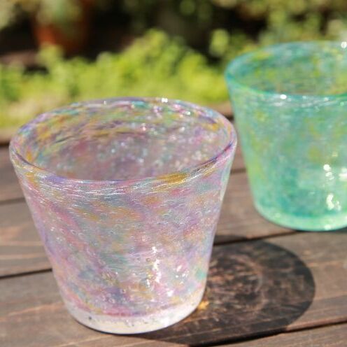 【ガラス工房雫】泡花口広カップ＜ヒルギ＆ランタナ＞2個セット