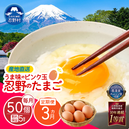 【3ヶ月定期便】”忍野の卵”旨味のピンク玉50個×3回 ※割れ保証含む 卵