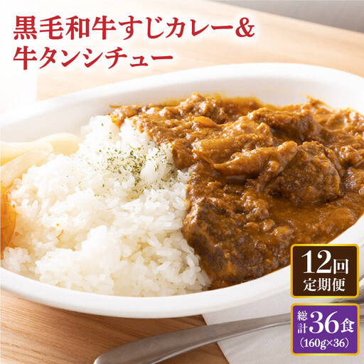 【全12回定期便】 黒毛和牛 牛すじカレー ＆ 牛タンシチュー 毎月3食 長与町/炭火焼肉あおい   [EBW009]  黒毛和牛 カレー かれー レトルト 牛タン 牛たん シチュー しちゅー 簡単 常温 定期便 定期 ていきびん