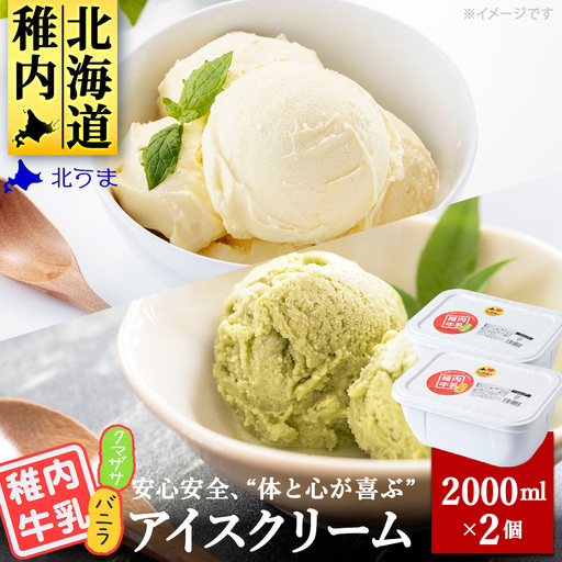 【業務用】稚内牛乳アイスクリーム2000mlバニラ×クマザサ2個セット【配送不可地域：離島・沖縄県】