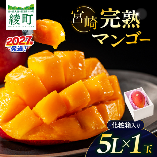 先行予約 完熟マンゴー 5L×1玉(化粧箱)マンゴー 宮崎 果物 フルーツ くだもの 2027年 国産 高級 ジュース 南国フルーツ おすすめ デザート ギフト 贈り物 プレゼント 贈答 冷蔵 綾町 送料無料 [JA綾町]