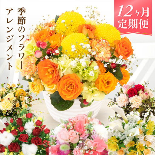 [12ヶ月連続お届け]花の定期便 お楽しみ花 季節のフラワー花のアレンジメント 生花 直ぐに飾れる花 華やか メッセージカード 毎月届く花 簡単手入れ [e51-l002]