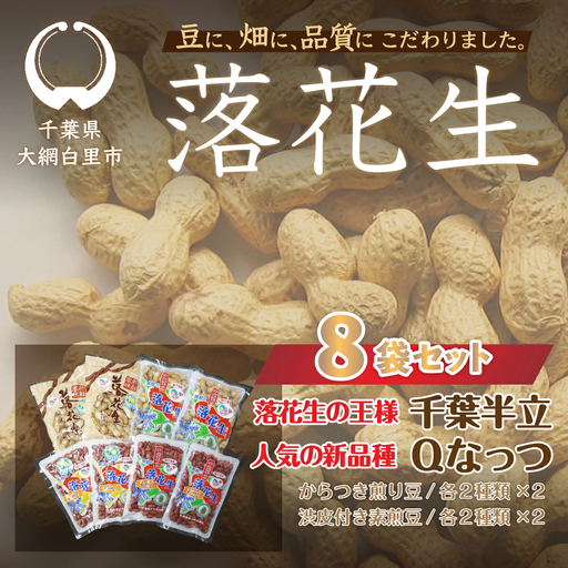 千葉県 大網白里市産 落花生千葉半立、Qナッツ8袋セット