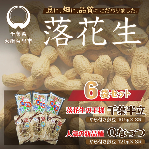 千葉県 大網白里市産 落花生千葉半立、Qナッツさやつき煎り豆6袋セット