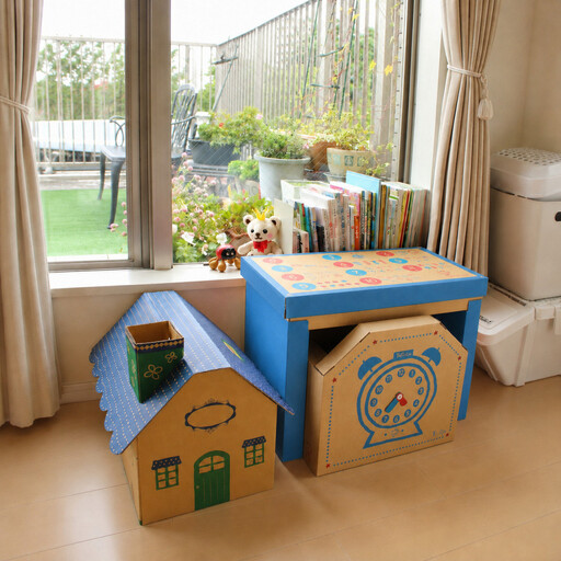 成長に合わせて使える段ボール家具　ジュニアデスクチェア&おうち型収納ボックス◇【青色セット】｜家具