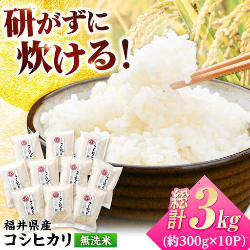 [令和7年産]無洗米 福井県産こしひかり 300g(約2合) × 10パック 計3kg 小浜市 / シマダ農園 [BFAV003]