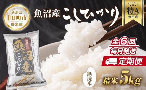 [定期便]|無洗米| 新潟県 魚沼産 コシヒカリ お米 5kg×計6回 精米済み 半年間 毎月発送 こしひかり (お米の美味しい炊き方ガイド付き) ご飯 ブランド米 銘柄米