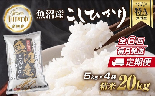 【定期便】新潟県 魚沼産 コシヒカリ お米 20kg×計6回 精米済み 半年間 毎月発送 こしひかり（お米の美味しい炊き方ガイド付き） ご飯 ブランド米 銘柄米 