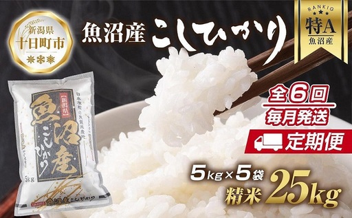 【定期便】 新潟県 魚沼産 コシヒカリ お米 25kg×計6回 精米済み 半年間 毎月発送 こしひかり（お米の美味しい炊き方ガイド付き） ご飯 ブランド米 銘柄米 