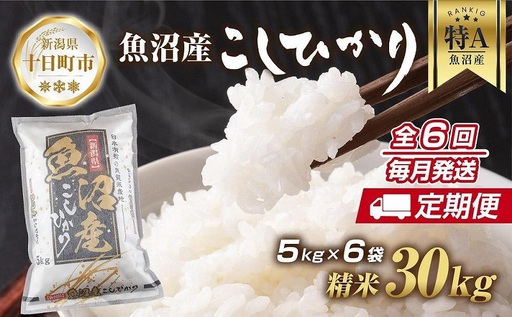 【定期便】 新潟県 魚沼産 コシヒカリ お米 30kg×計6回 精米済み 半年間 毎月発送 こしひかり（お米の美味しい炊き方ガイド付き） ご飯 ブランド米 銘柄米 