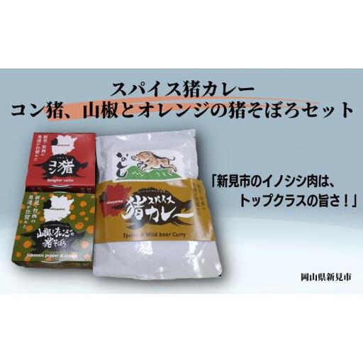 岡山県新見市産 イノシシ肉使用 スパイス猪カレー(レトルト)・コン猪(コンビーフ風缶詰)・山椒とオレンジの猪そぼろ セット