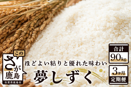  《3ヶ月毎月お届け》佐賀県産 夢しずく　白米３０ｋｇ定期便 N-6