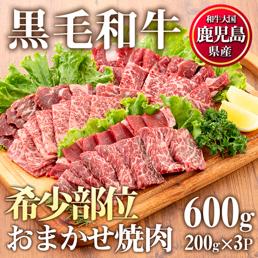 No.547 鹿児島県産黒毛和牛希少部位おまかせ焼肉(計600g・200g×3P)国産 九州産 牛肉 黒毛和牛 和牛 焼肉 焼き肉 希少部位  三角バラ フランク カイノミ 冷凍【LRプラスK】
