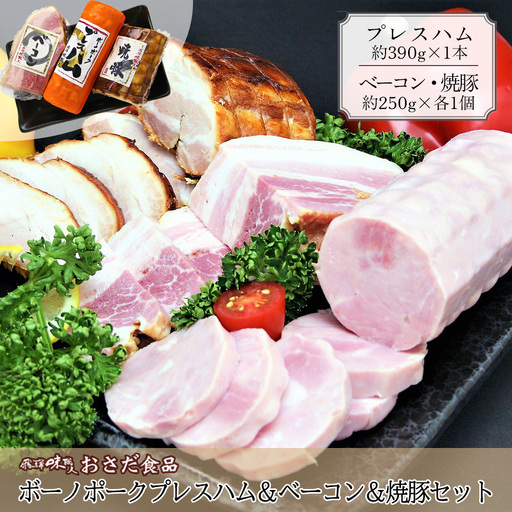 【飛騨 味職人】ボーノポークプレスハム＆ベーコン＆焼豚セット（プレスハム 約390g×1本、ベーコン 約250g×1個、焼豚 約250g×1個）【57-15】