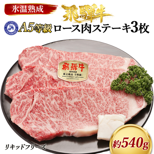 ロース肉ステーキ 3枚(約540g) 氷温(R)熟成 飛騨牛A5等級 リキッドフリーズ [No.526]
