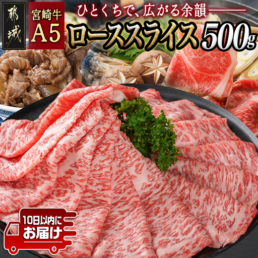 宮崎牛(A5)ローススライス500g≪みやこんじょ特急便≫〔AD-0102-Q〕_(都城市) 10日以内お届け 宮崎牛ロース薄切り肉 500g×1パック A5 5等級 すき焼き 国産牛肉 宮崎県産牛肉 都城産 霜降り肉 ギフト 贈答用