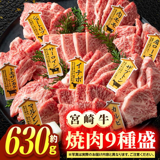宮崎牛焼肉9種盛（約630g）お肉 肉 牛肉 宮崎牛 ロース 肩ロース ザブトン ミスジ ウデ カルビ モモ 焼肉 冷凍 記念日 誕生日 お祝い ギフト 贈答 プレゼント セット 食べ比べ お取り寄せ