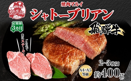 飛騨牛 シャトーブリアン ステーキ 3ヵ月定期便約400g 2～3枚切り×3 肉 牛肉 和牛 ブランド牛 お肉 ビーフ ヒレ 希少部位 赤身 国産 ご褒美 豪華 グルメ 焼肉 BBQ パーティー ギフト 贈り物 送料無料 焼肉マルイ 岐阜県 【 安八町 】