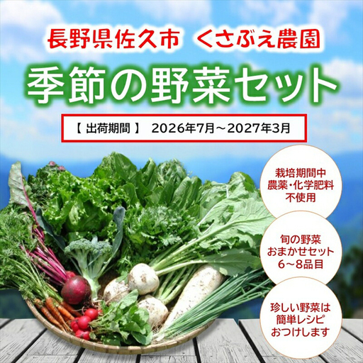 くさぶえ農園『季節の野菜6～8品目セット』（2026年7月～2027年3月出荷／北海道・沖縄・離島は配送不可）高原 無農薬 産地直送 新鮮 旬彩 簡単レシピ 先行予約 【 産直 高原野菜 季節の野菜 旬の野菜 有機野菜 有機栽培 農薬 化学肥料 不使用 佐久市 】
